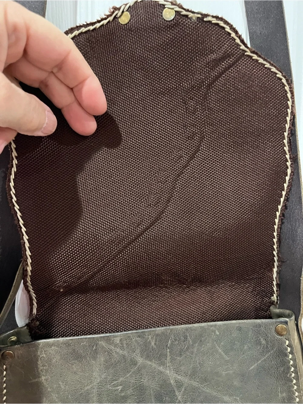 Handcrafted Brown Leather Crossbody Bag, approx 9.5”w x 8”h x 2”d